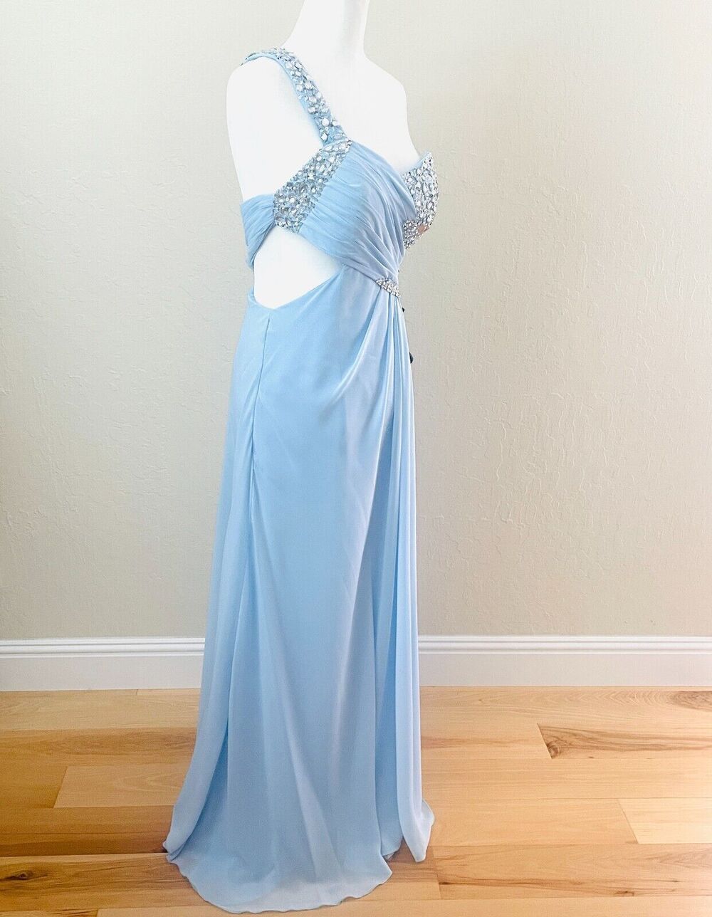 JJ's House 6 prom gown 1-shoulder chiffon beading sequin split sky blue cut-out - Picture 13 of 16